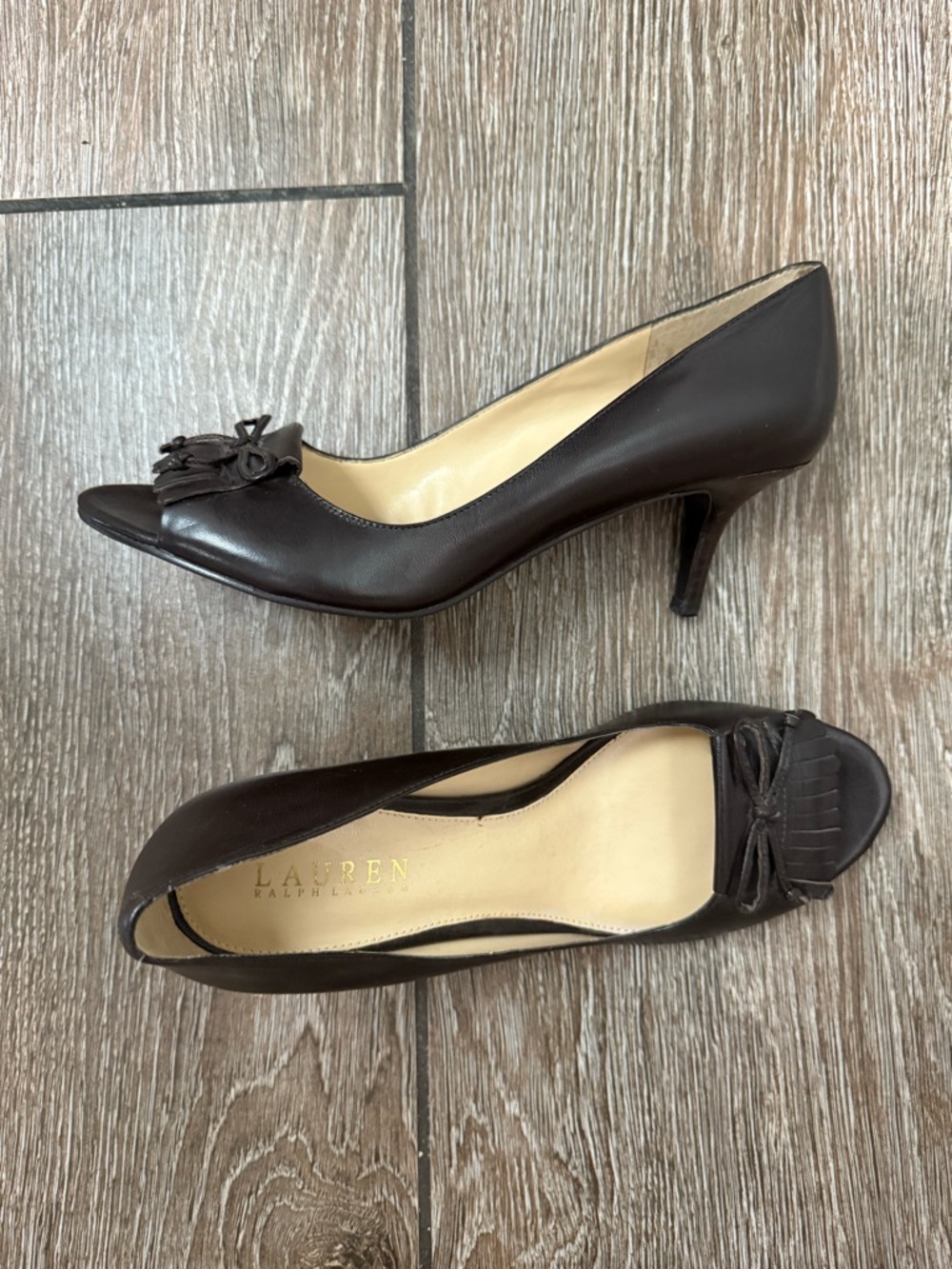 Lauren Ralph Lauren Dark Brown Leather Peep-Toe Kitten Heel Pumps 7.5